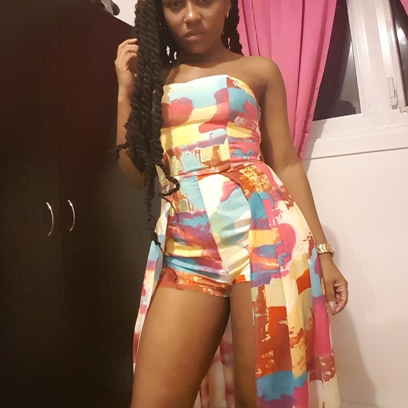 Multicoloured, Armless Maxi Dress/Romper w/ Slit - Picture 4 of 5